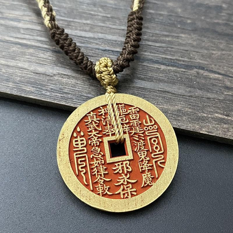 Shan Gui Flower Coin Pendant True Martial Emperor Handmade Hemp Necklace