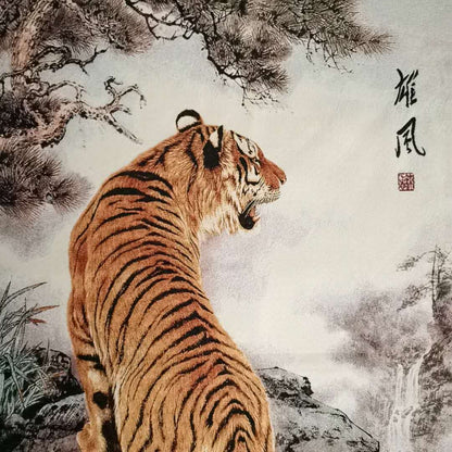 36"in Chinese Cloth Silk 12 Zodiac Animal Tiger Painting Home Decoration