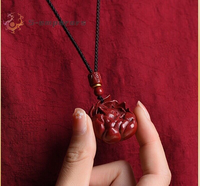 Natural Cinnabar Nine-tailed Fox Carved Pendant Necklace Feng Shui Amulet Decor