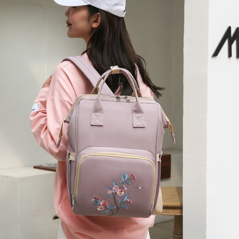 Big Women Bag Waterproof Baby Care Backpack Flower Embroidery Outdoor Traveling