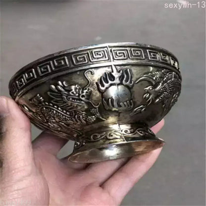 Tibet Dragon Phoenix Antique Copper Bowl Tea Bowl White Copper Carving