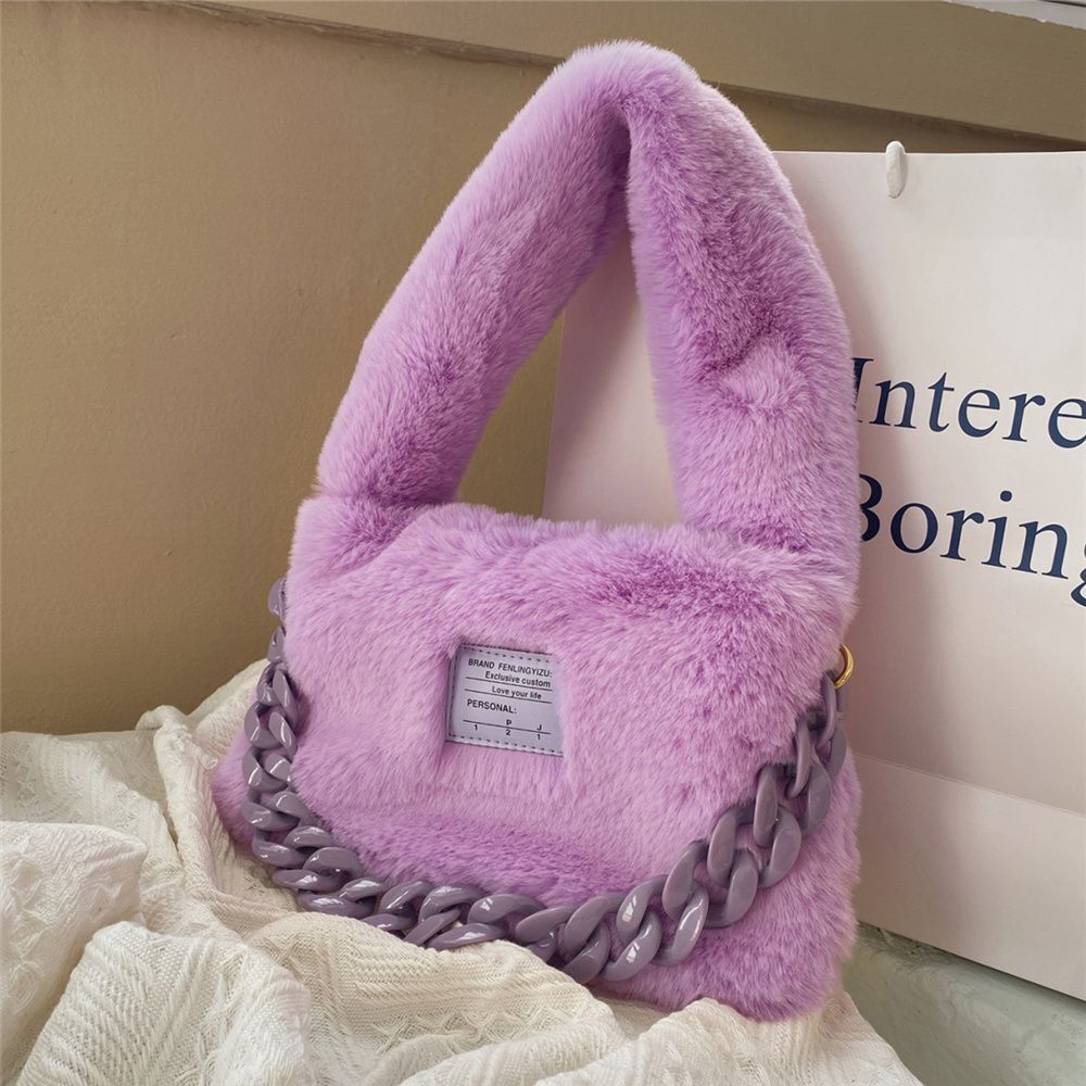 Faux Fur Plush Shoulder Bags Winter Furry Soft Tote Handbags Pink Purple Purse