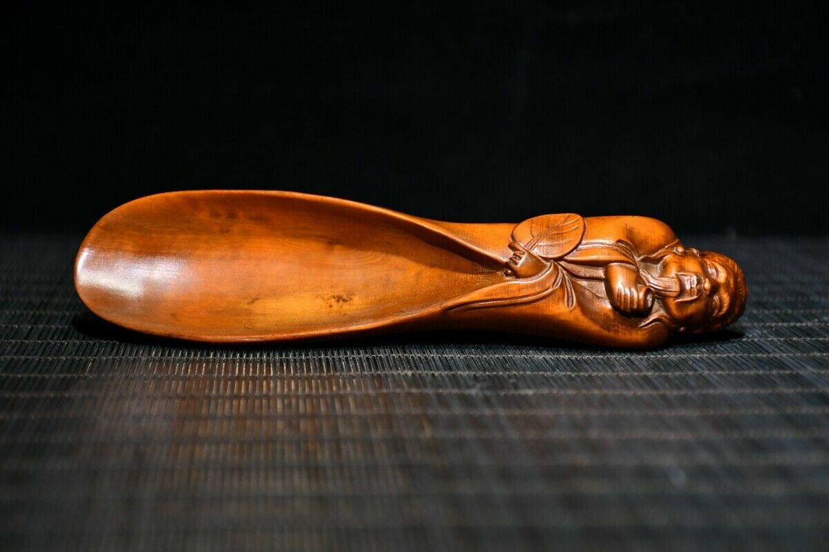 Chinese Old BoxWood Hand Carved Exquisite Boxwood Tea Shovel Statue Art Decor