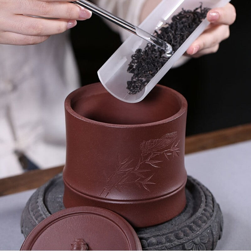 Full Handmade Tea Canister Carved Yixing Zisha Purple Clay Sealed Caddy For Tea