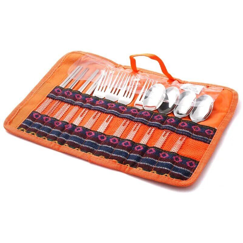 Outdoor Stainless Steel Fold Tableware Sets Spork Chopsticks Travel Picnic Bag