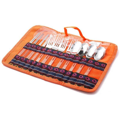 Outdoor Stainless Steel Fold Tableware Sets Spork Chopsticks Travel Picnic Bag