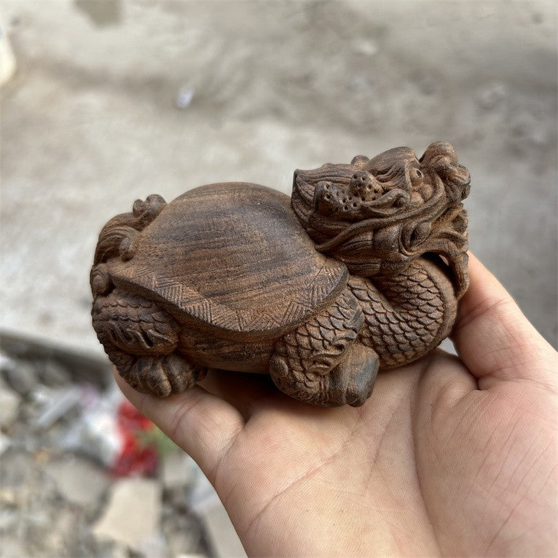 11Cm exquisite agarwood hand-carved auspicious dragon turtle tea pet ornament -