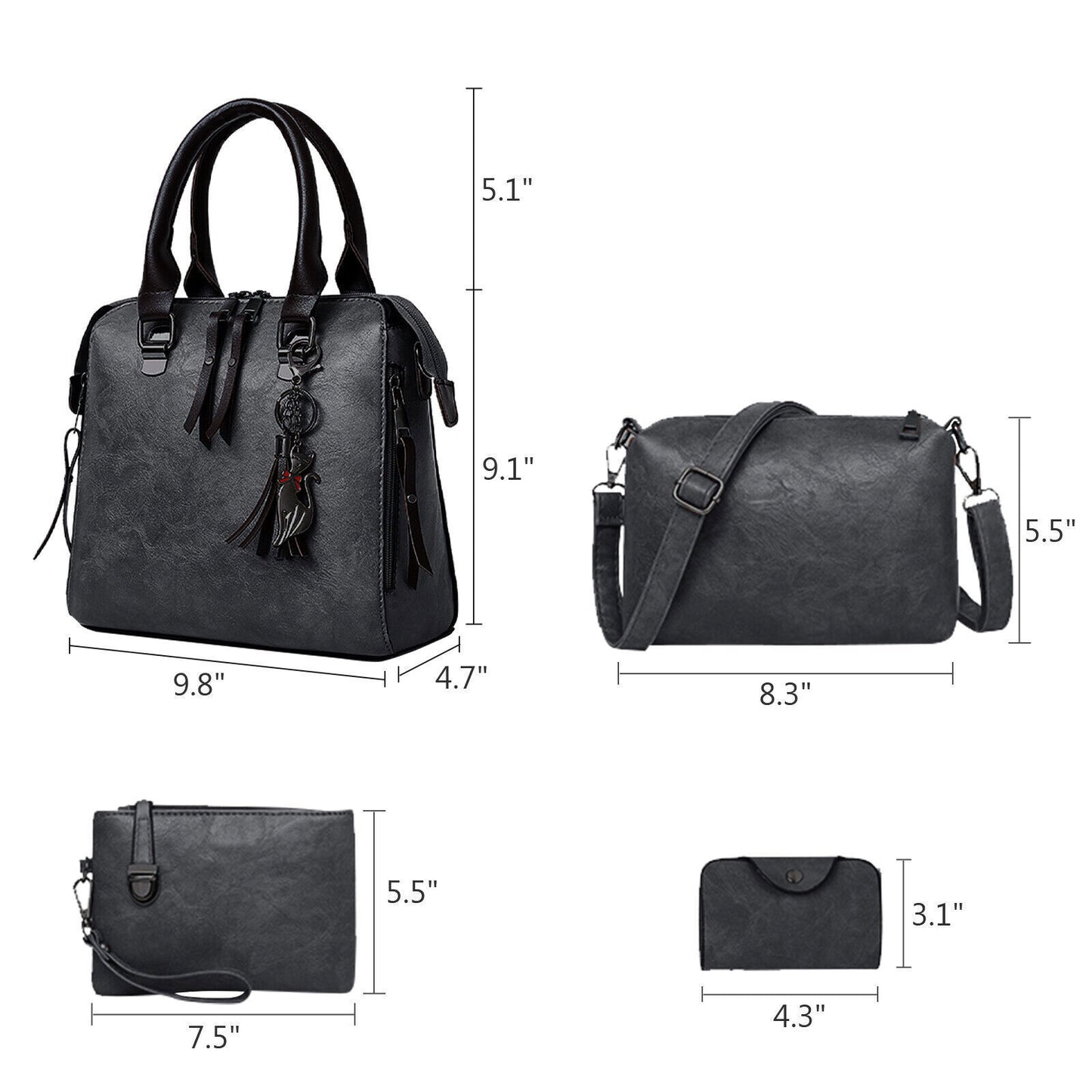 4pcs Vintage Women Handbag PU Leather Tote Messenger Bag Wallet Clutch w/ Tassel