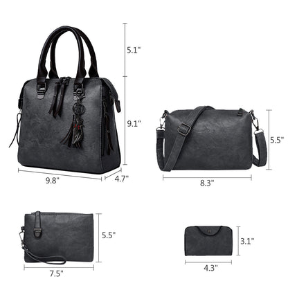 4pcs Vintage Women Handbag PU Leather Tote Messenger Bag Wallet Clutch w/ Tassel