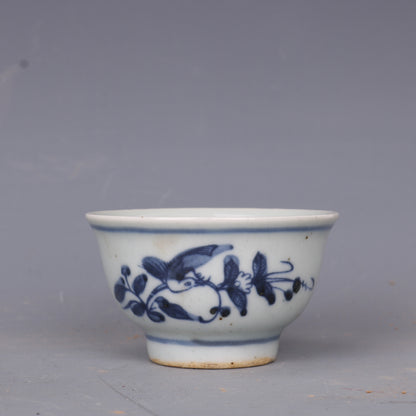 2.8 inch Chinese Blue and White Porcelain Qing Guangxu Bird Design Teacup Cup