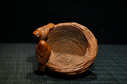 Chinese Antique Boxwood Carved Exquisite Bird's Nest Statue Collection Gift Art
