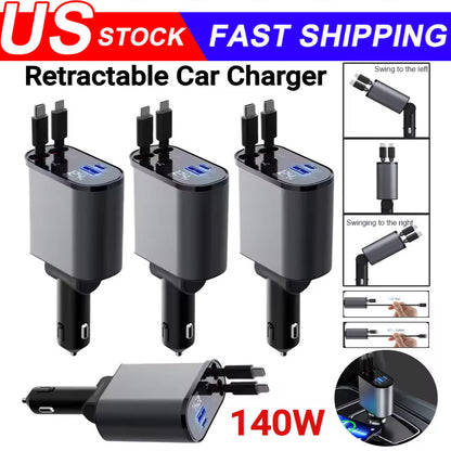 Retractable Car Charger 4in1 Fast Car Phone 16 Charger 120W USB Type C Cable Lot