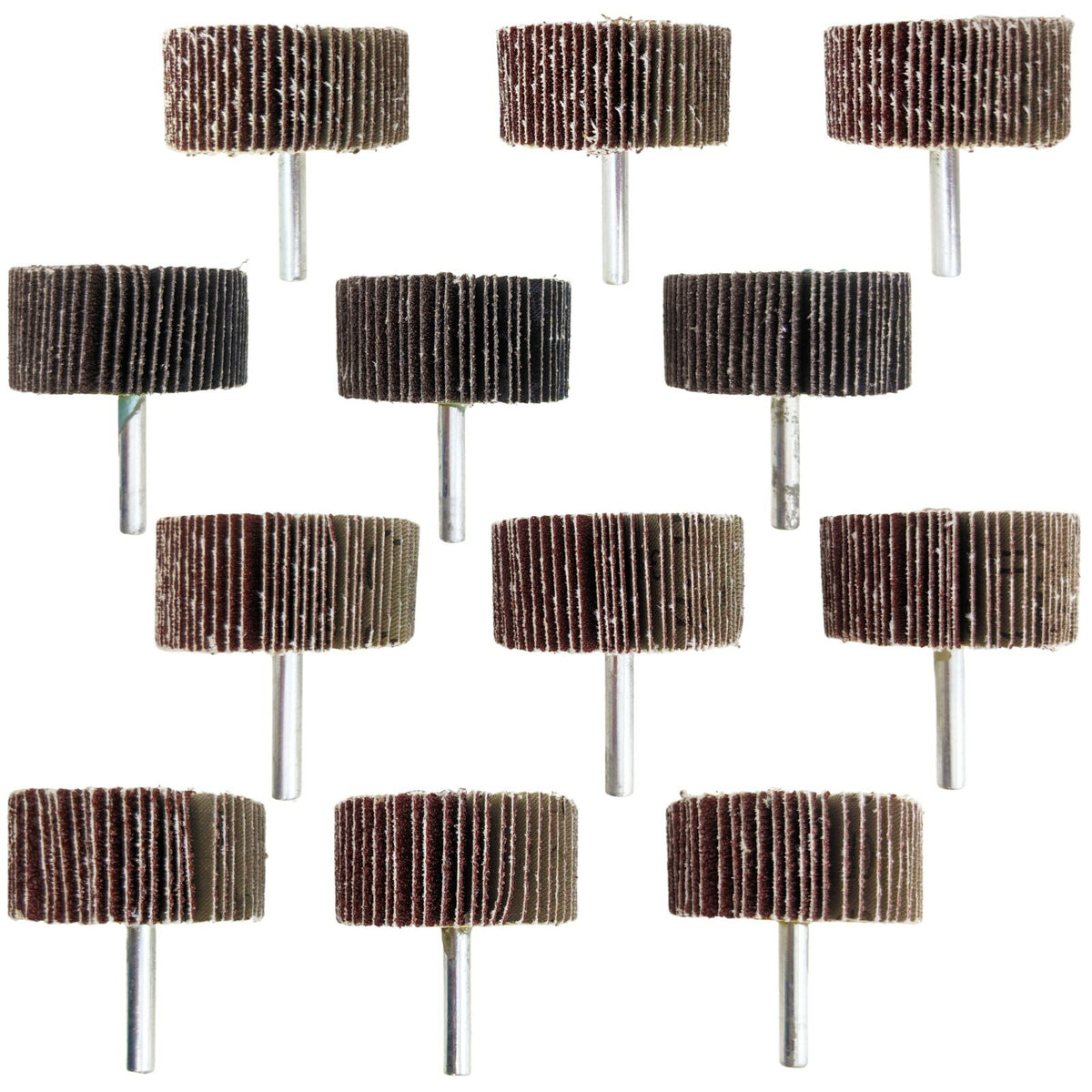 12 Pack ¼" Shank Flap Wheel Assortment, Includes 40, 60, 80, & 120 Grit 2"×1"×¼"