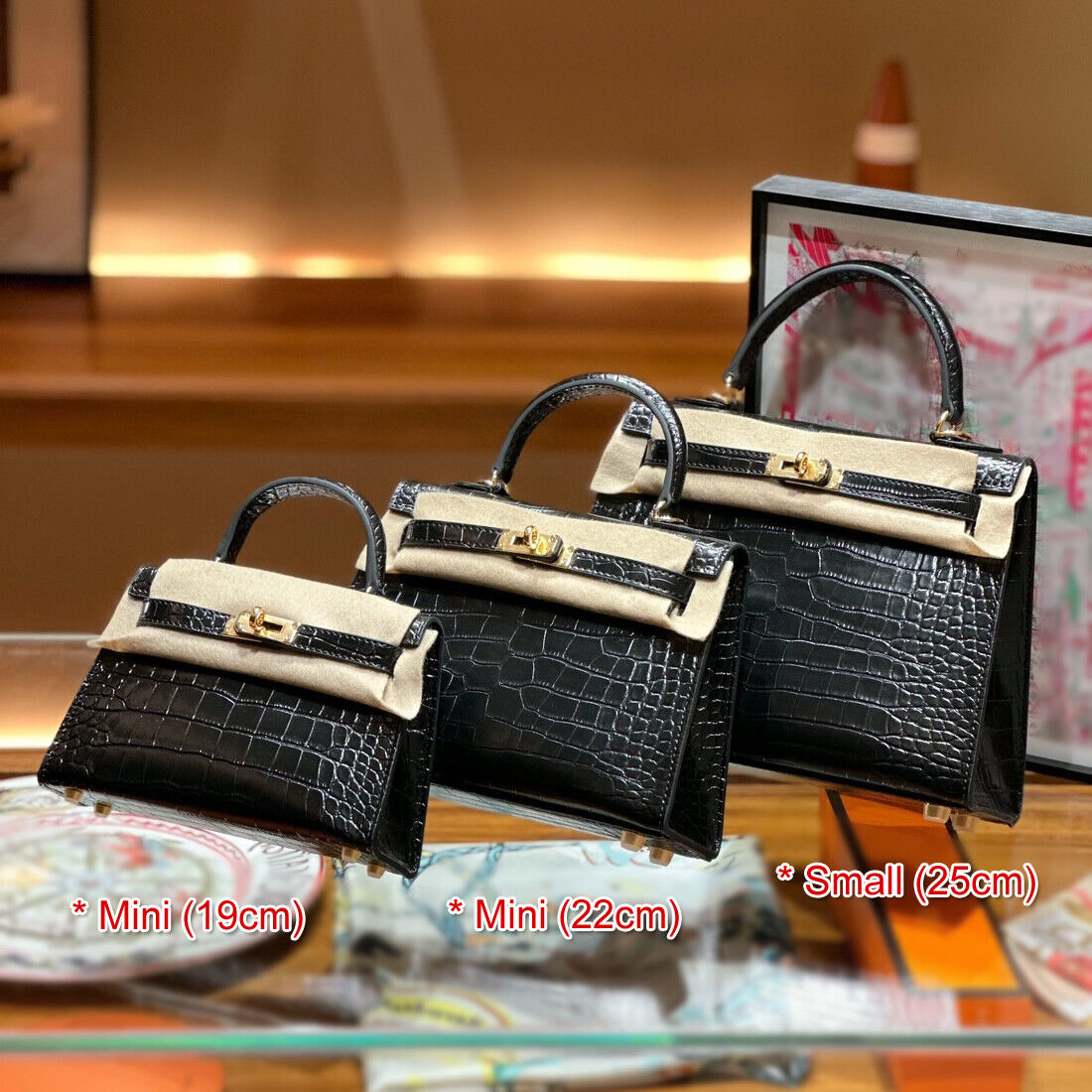 19/22/25cm Croc Effect Real Leather Flap Shoulder bag Tote Clutch Purse Fashion