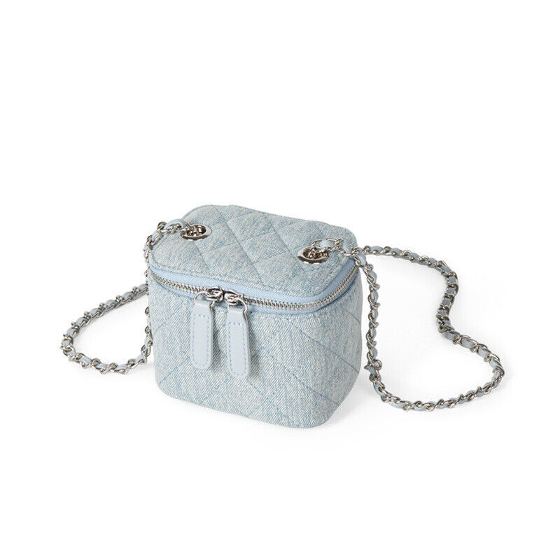 Mini Quilted Denim Shoulder Bag Vanity Case Purse Box Clutch Crossbody w/ Chain