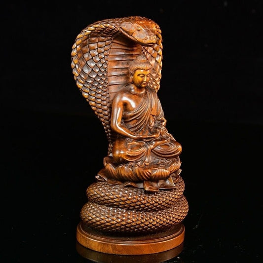 Old Boxwood Carved Snake Buddha Serpent Statue Buddhism Sculpture Decor