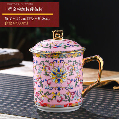 4.82" Chinese Jingdezhen Ceramic Household Tea Cup with Lid Bone Water Cup Gift