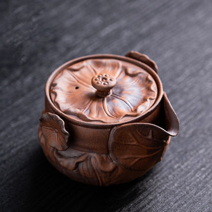 Crude Pottery Tea Pot Lotus Carved Relief Ceramic Pot With Infuser 200ml China