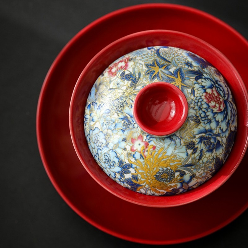 Chinese Gaiwan Color Enamel Craft Ceramic Tureen Covered Bowl Saucer Lid Tea Cup