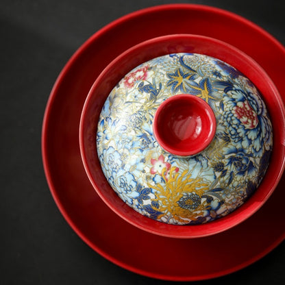 Chinese Gaiwan Color Enamel Craft Ceramic Tureen Covered Bowl Saucer Lid Tea Cup