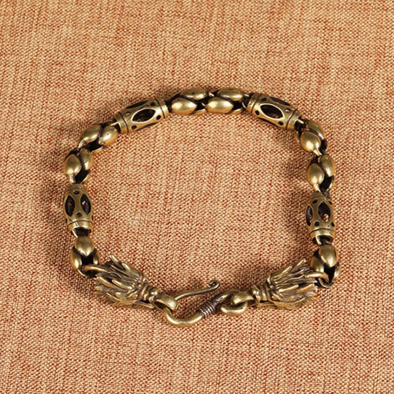 Vintage Bronze Dragon Head Bracelet Brass Bone Chain Hip Hop Men's Accessory