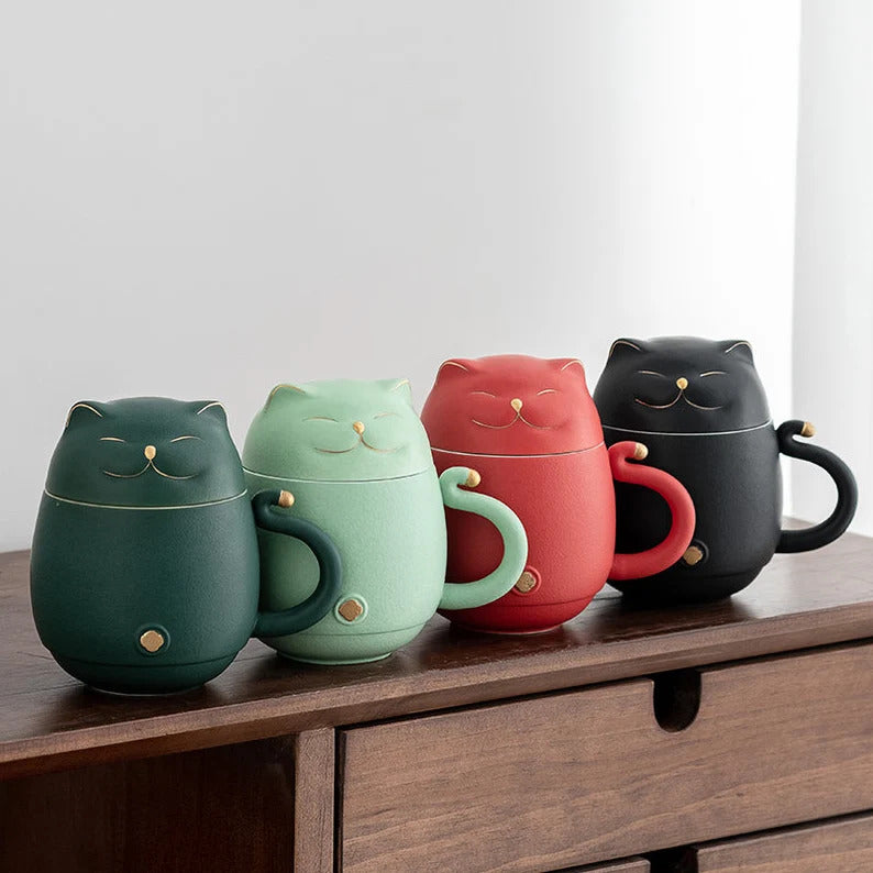 Embersceramic Lucky Cat Ceramic Tea Cup with Infuser Cute Cat Tea Mug with Lid