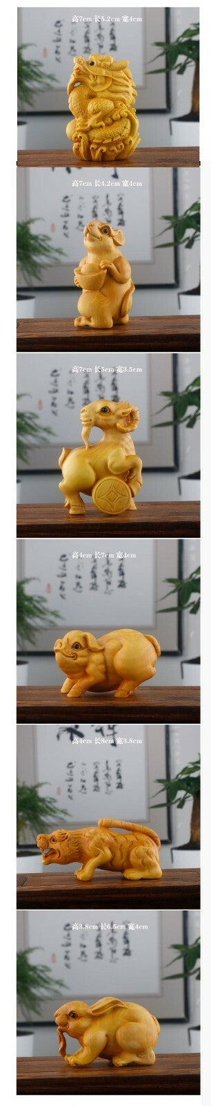 12 Pcs New Boxwood Carved Chinese Zodiac Year Netsuke Figurines Animals Statues