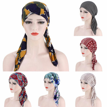 Women's Cancer Hat Chemo Cap Muslim Flower Print HeadWrap Long Head Scarf Turban