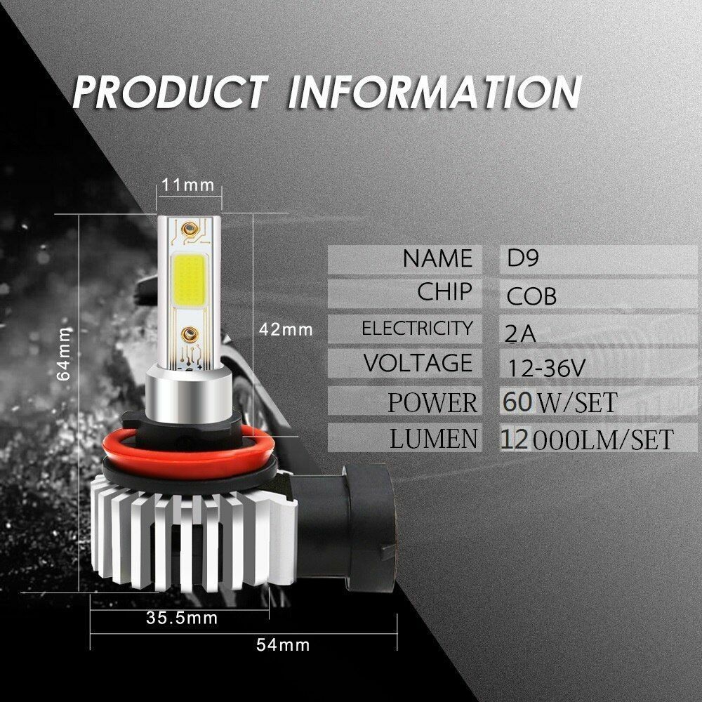 Car LED Headlight 2pcs 60W 12000LM Bulbs H11 9006 HB4 9005 HB3 H4 H7 H8 H9 H1 D9