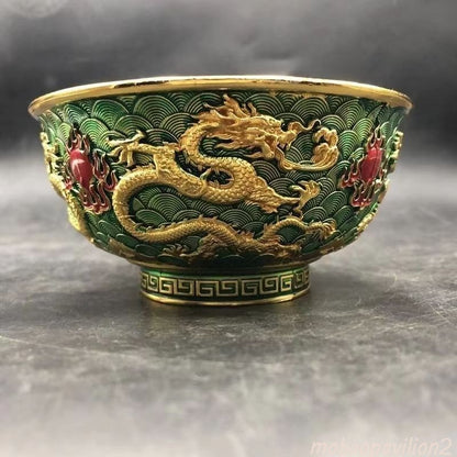 Chinese Crafts Antique Cloisonne Double Dragon Playing Beads Copper Plated Bowl