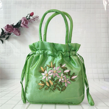 Women Ethnic Embroidered Floral Satin Handbag Girls Drawstring Tote Hanfu Bag
