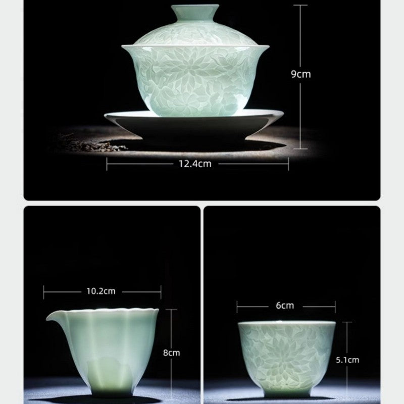 Jingdezhen Porcelain Gaiwan Creative Tureen Teacup Flower Relief Tea Set Ceramic