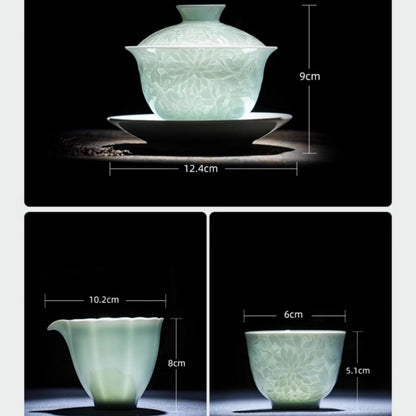 Jingdezhen Porcelain Gaiwan Creative Tureen Teacup Flower Relief Tea Set Ceramic