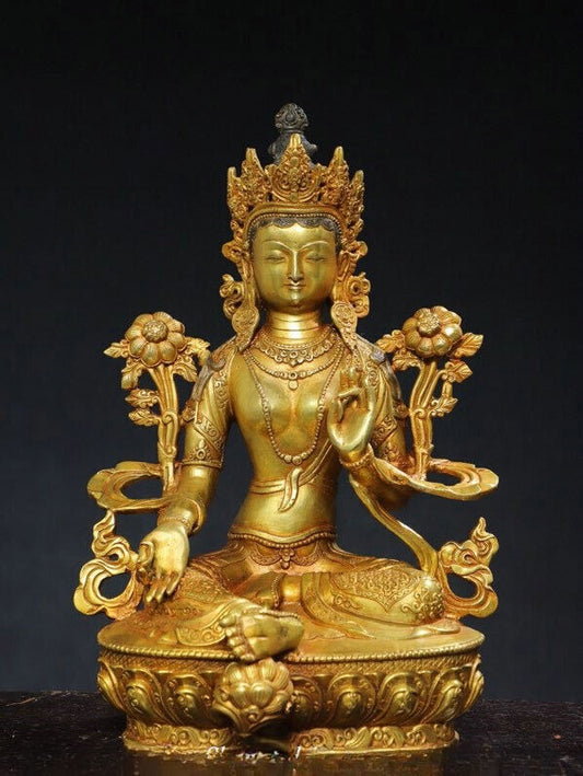 12.5'' Old Tibet Bronze Gilt Green Tara Mahayana Buddhism Goddess Buddha Statue