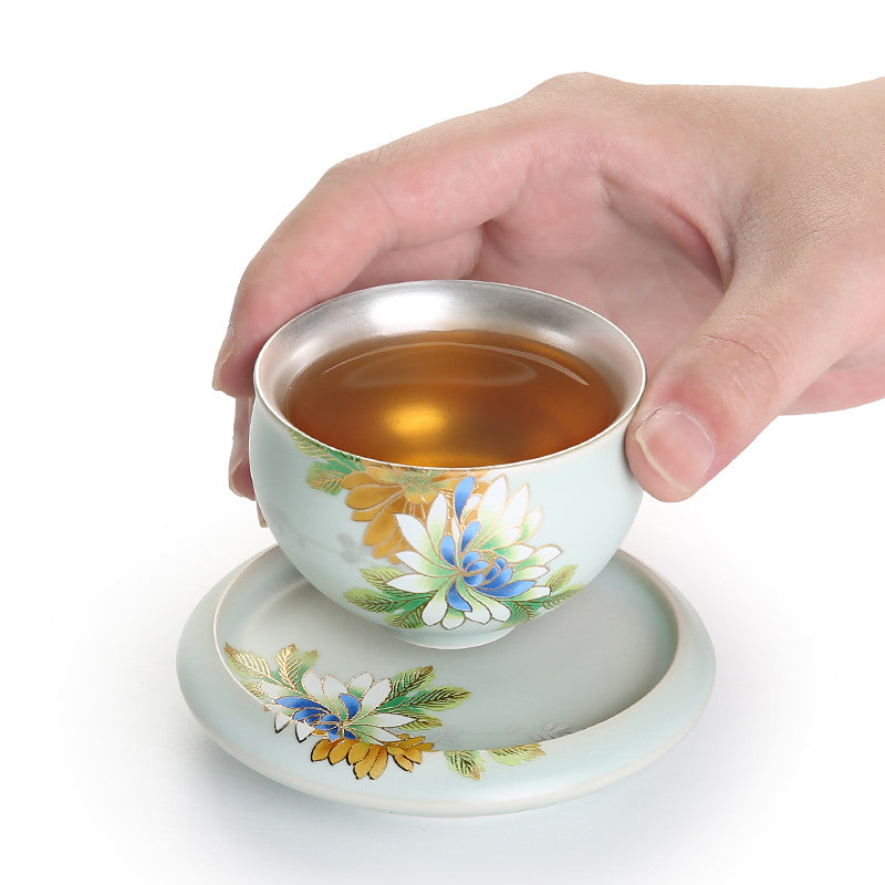 Health Care Pure Silver Inside Tea Cup Porcelain Ruyao Floral Tea Saucer Tea Set