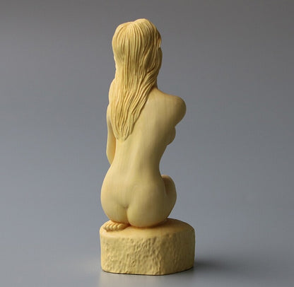 Chinese Naked Seating Model Girl Statue Boxwood Carved Beauty Figure Art Deco