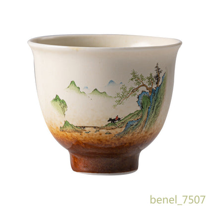 Chinese Retro Ceramic Teacup Handmade Tea Bowl Hand Painted Landscape Tea Cup