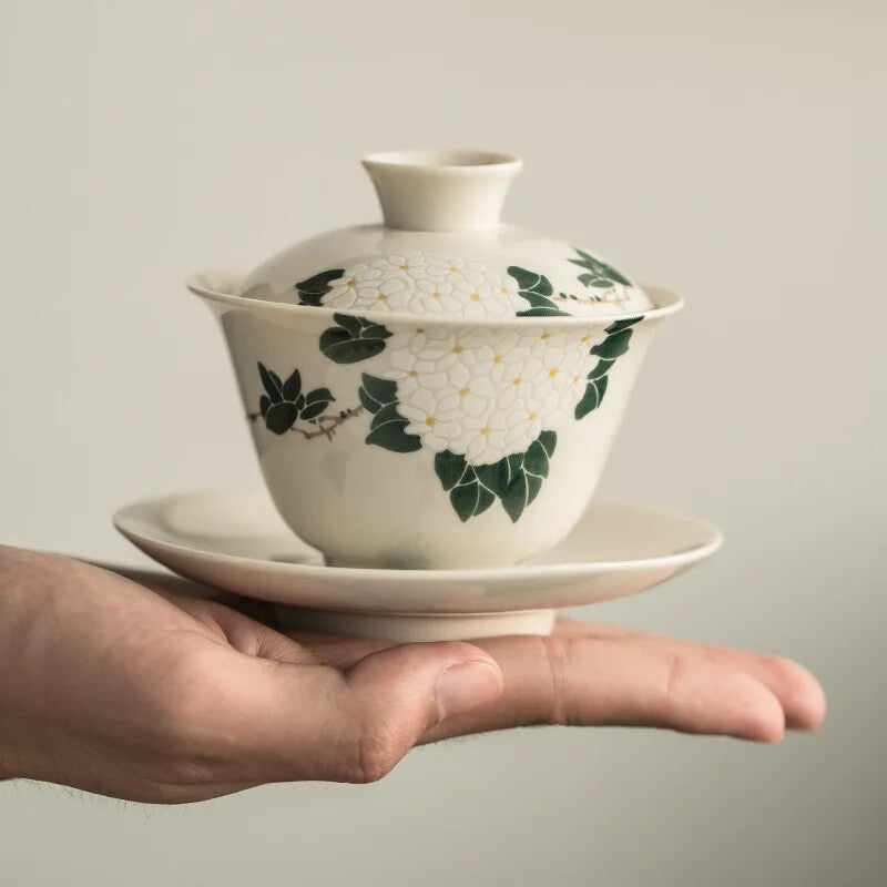 Ceramic Handmade Tureen Kung Fu Tea Set Bowl Cup Chrysanthemum Pattern Gaiwan