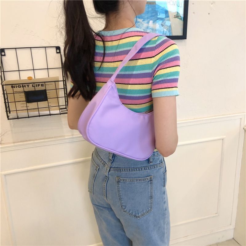 Candy Color Hobos Nylon Handbags Small Tote Shoulder Bags Simple Clutch Purses