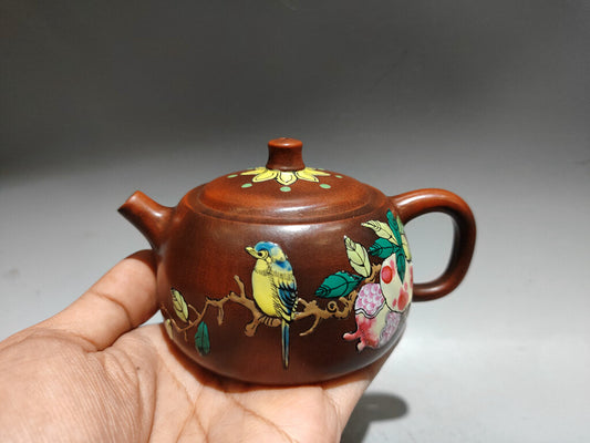 Chinese Yixing Zisha Clay Handmade Kiln change Flowers&Birds Teapot 窑变点彩壶