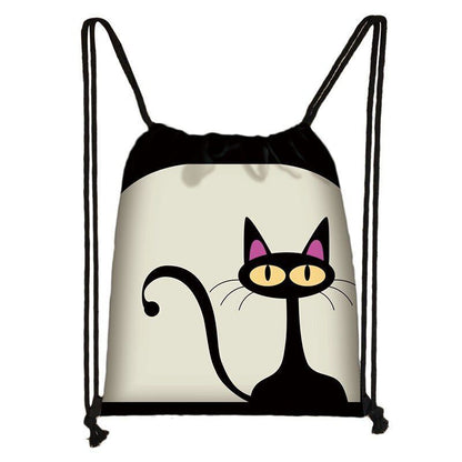 Black Cat Drawstring Bag Women Shopping Purse Canvas Travelling Bag Backpack 1PC