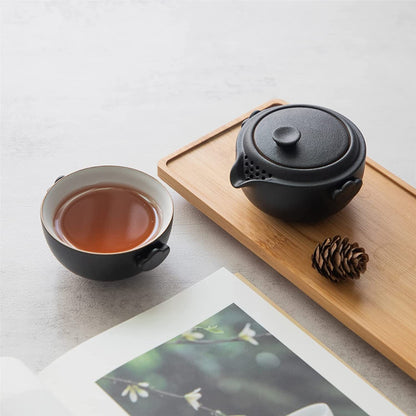 Chinese Kungfu Tea Set with 1 Teapot and 1 cup for One Small Black Ceramic