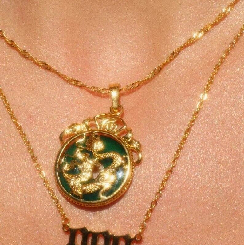 Green Jade Dragon Fengshui Luck Men Women Necklace Decoration