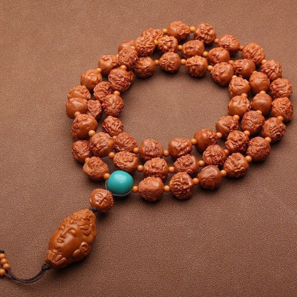 Walnut Carved 108 Arhat Beaded Necklace 54 Beads Buddhist Prayer Mala