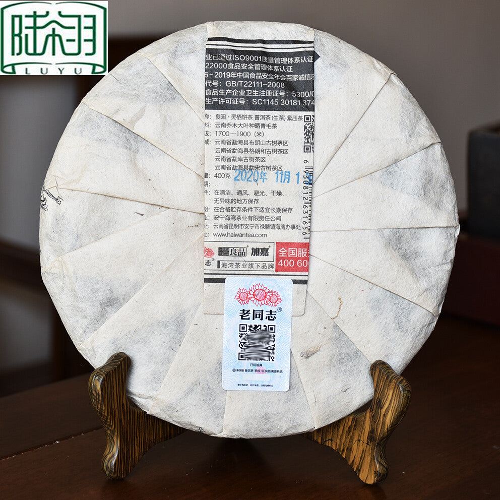 2020 Haiwan Old Comrade Liang Pin Ling Qi Shen Puer Tea Old Raw Pu'er Cake 400g