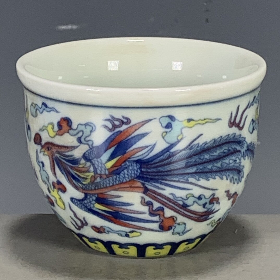 Chinese Ming Chenghua Blue & White Doucai Porcelain Dragon Phoenix Teacup 3.15"