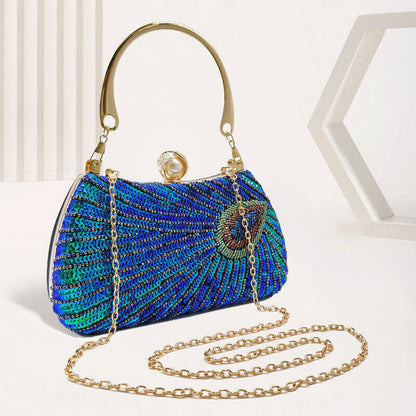 New Vintage Dress Bag Hand Peacock Feather Sequin Bag Prom Evening Bag