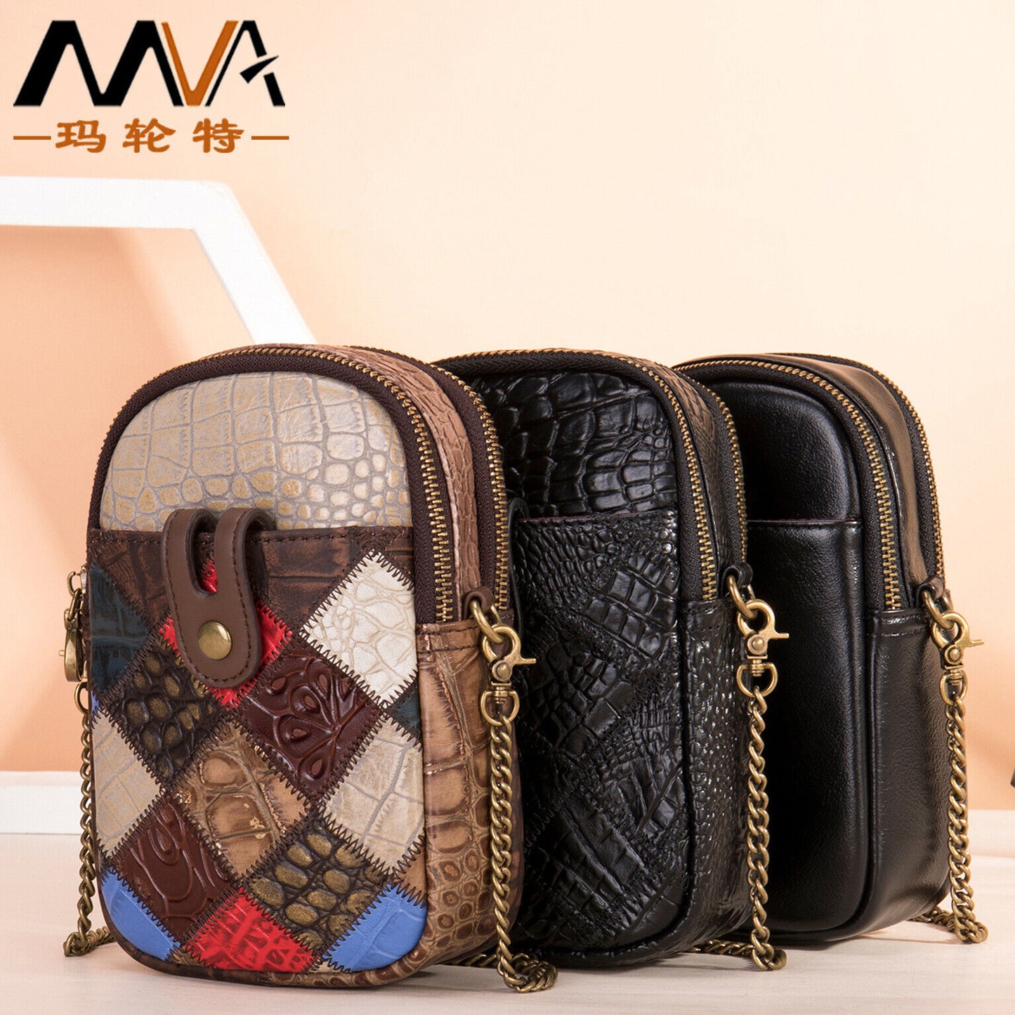Designer Real Leather Sling Shoulder Bag mobile phone Bag, Double Zipper Bags