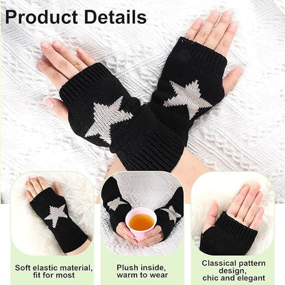 1 Pair Y2K Star Gloves Autumn Winter Fingerless Star Knitted black US New