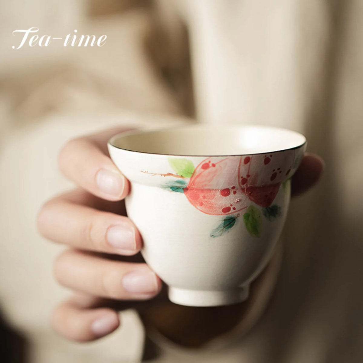 150ml on-glazed Ceramic Teacups Pure Hand Painted Pink Peach Stoneware Tea Cup